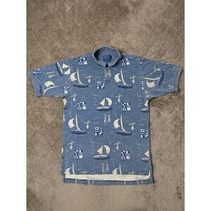 Men's Pendleton Short Sleeve Polo Shirt Blue Sailboats All Over Nautical, Size M